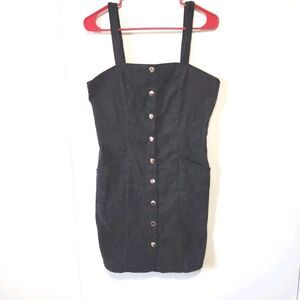 Black Corduroy Button Front Mini Dress Pinafore Style Pockets Size M